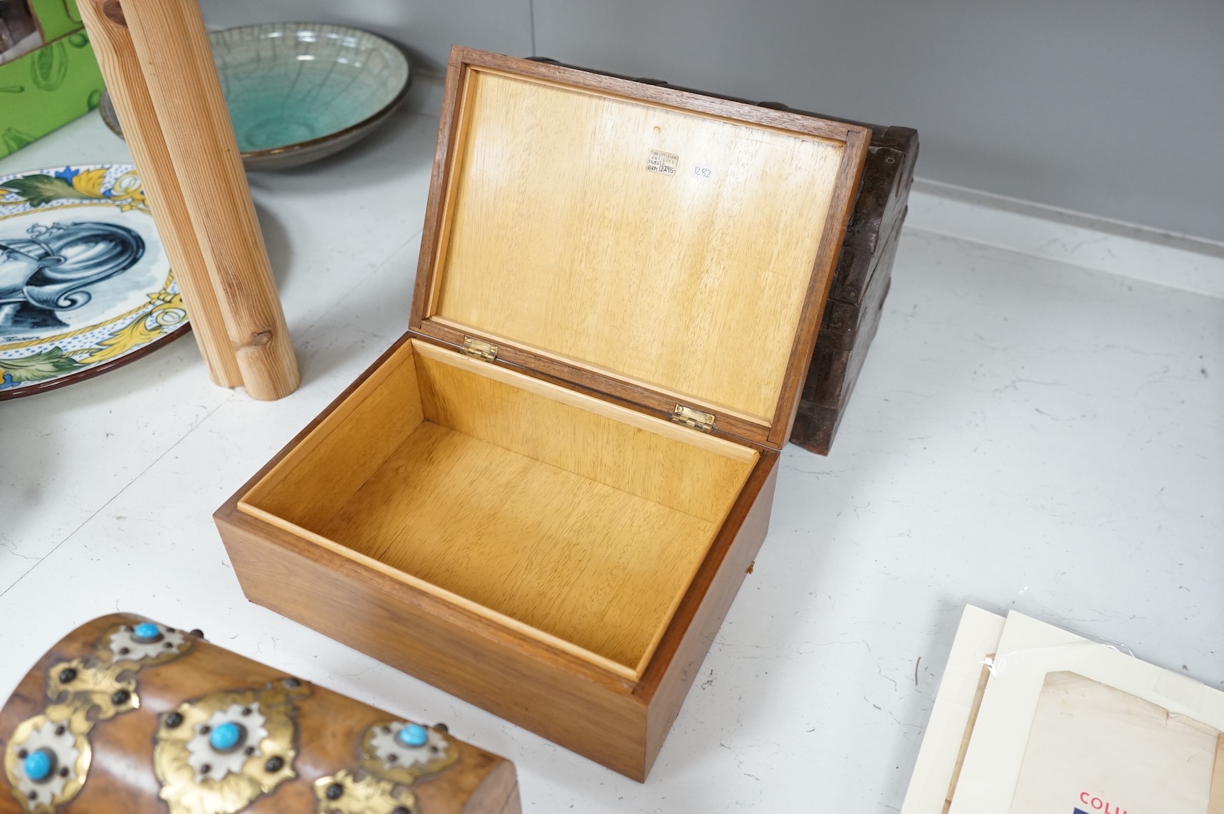 Two 19th century ivory and turquoise glass overlaid burr walnut boxes and an Indo colonial wrought iron mounted miniature chest, 28cm wide CITES Submission reference, T14WQFY5